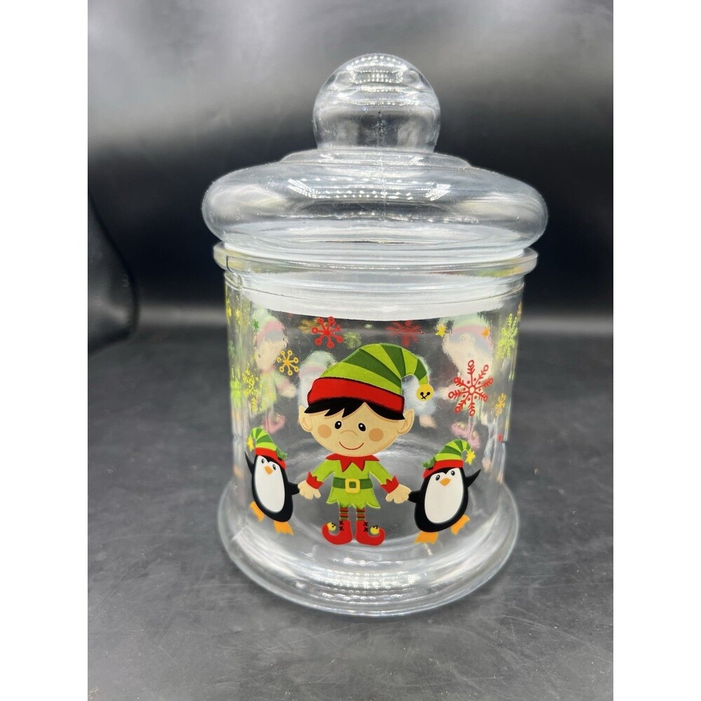 Vintage Christmas Elf & Penguins Glass Cookie Jar Lid Holiday Storage